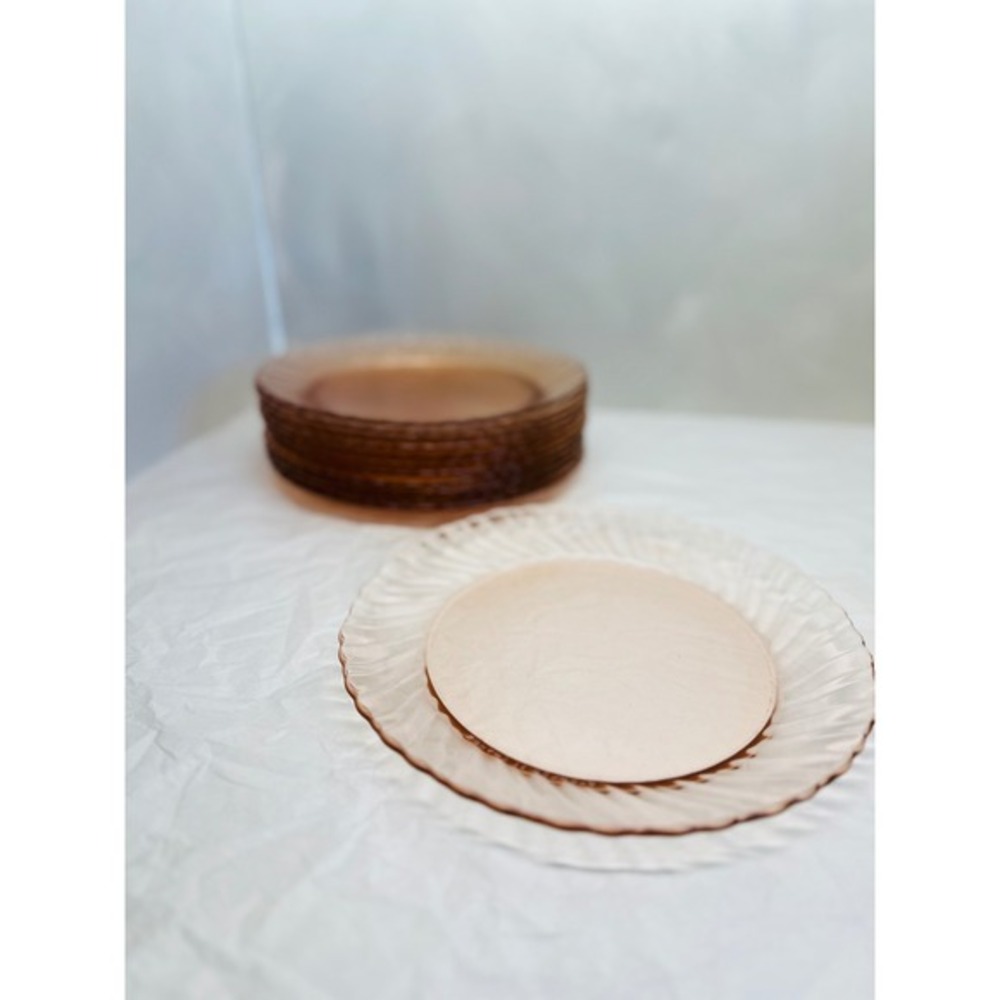 Arcoroc‎ France Rosaline Pink Swirl Glass Dinner Plates Set of 4 Vintage Peach